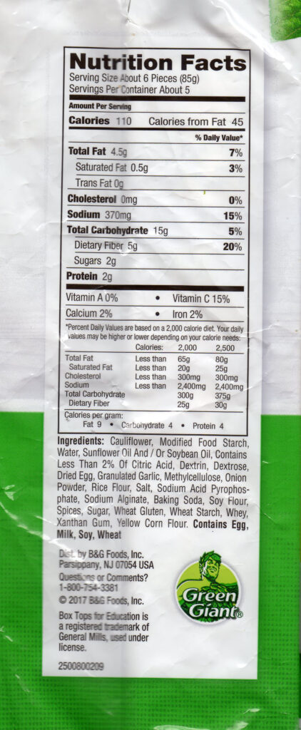 Green Giant cauliflower veggie tots nutrition