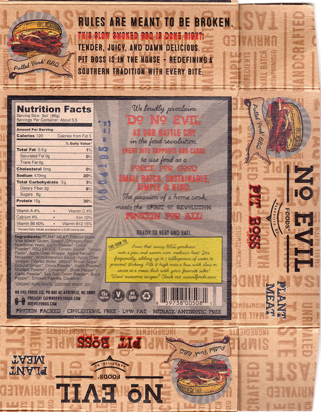 No Evil Foods Pulled Pork BBQ cooking instrctions, ingredients