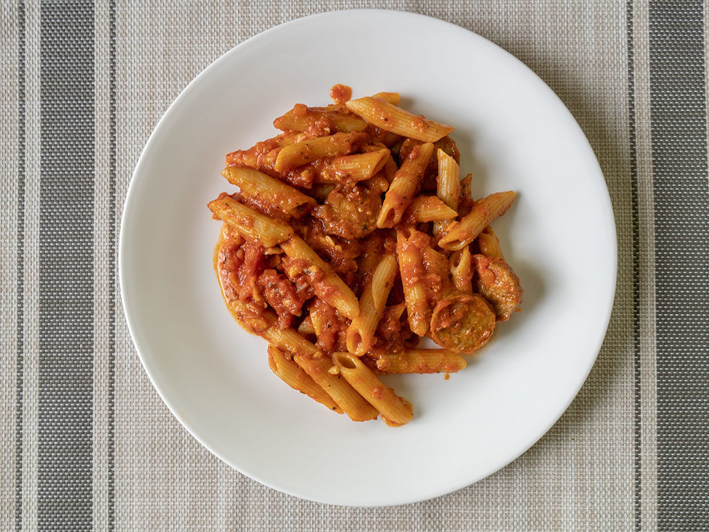 Three Bridges Italian Sausage Ziti cooked and plated