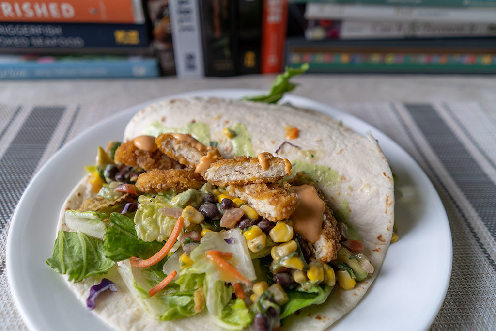 Tyson Naturals Breaded Chicken Breast Nuggets on taco close up