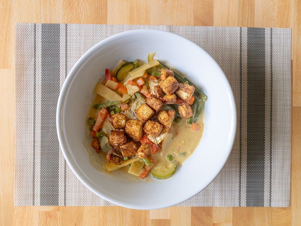 Air fried tofu with Thai yellow curry