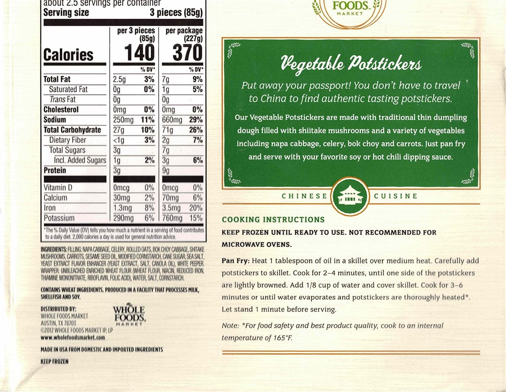 Whole Foods Vegetable Potstickers nutrition, ingredients, cooking instructions