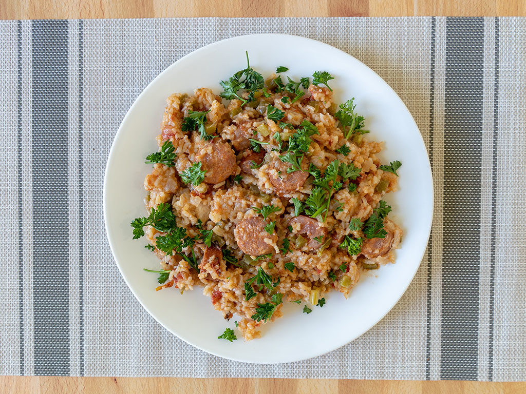 Bovine And Swine andouille sausage in jambalaya