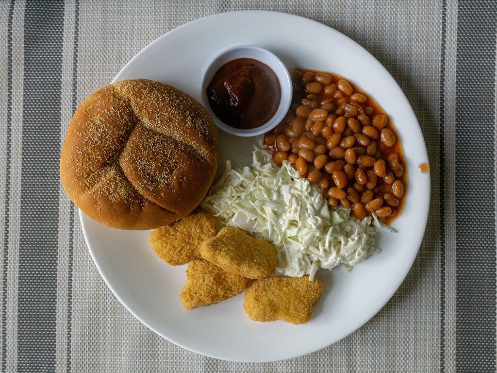 365 Breaded Chickenless Nuggets on BBQ plate