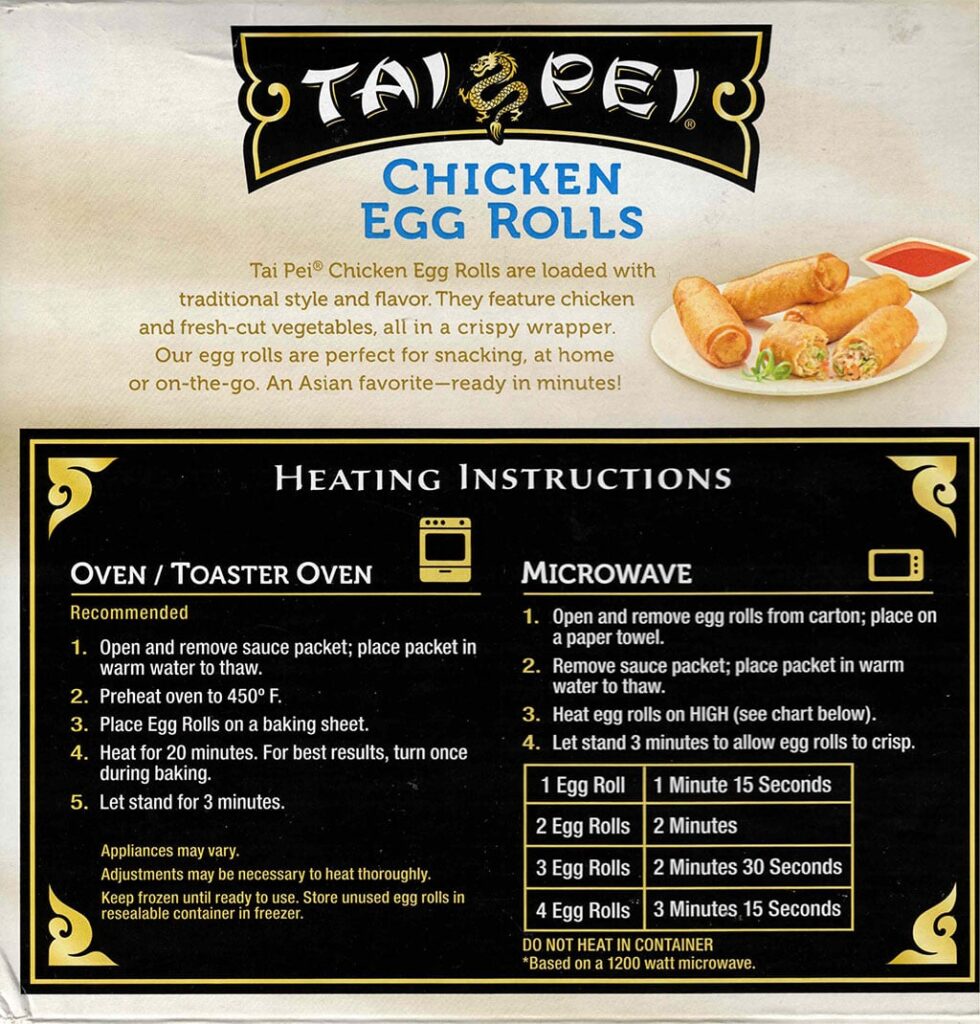 Tai Pei Chicken Egg Rolls cooking instructions