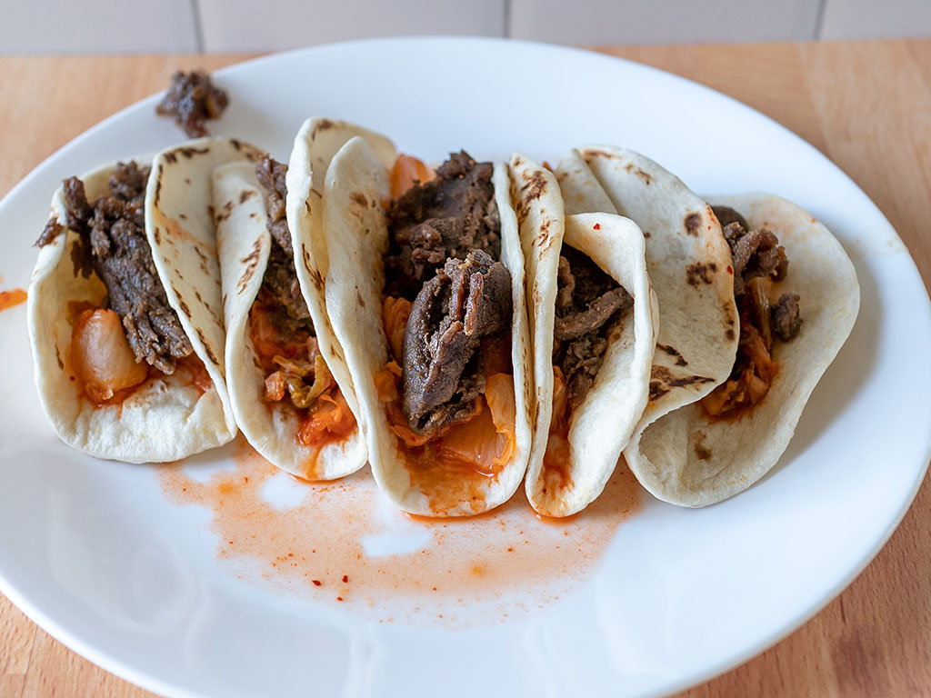 Great Value Korean Inspired Beef Street Taco Kit close up cooked