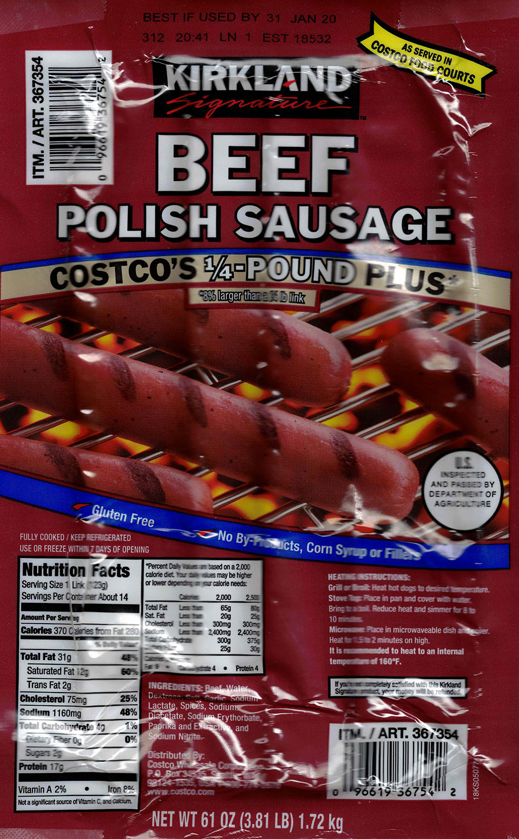 Costco Kirkland Beef Polish Sausage package