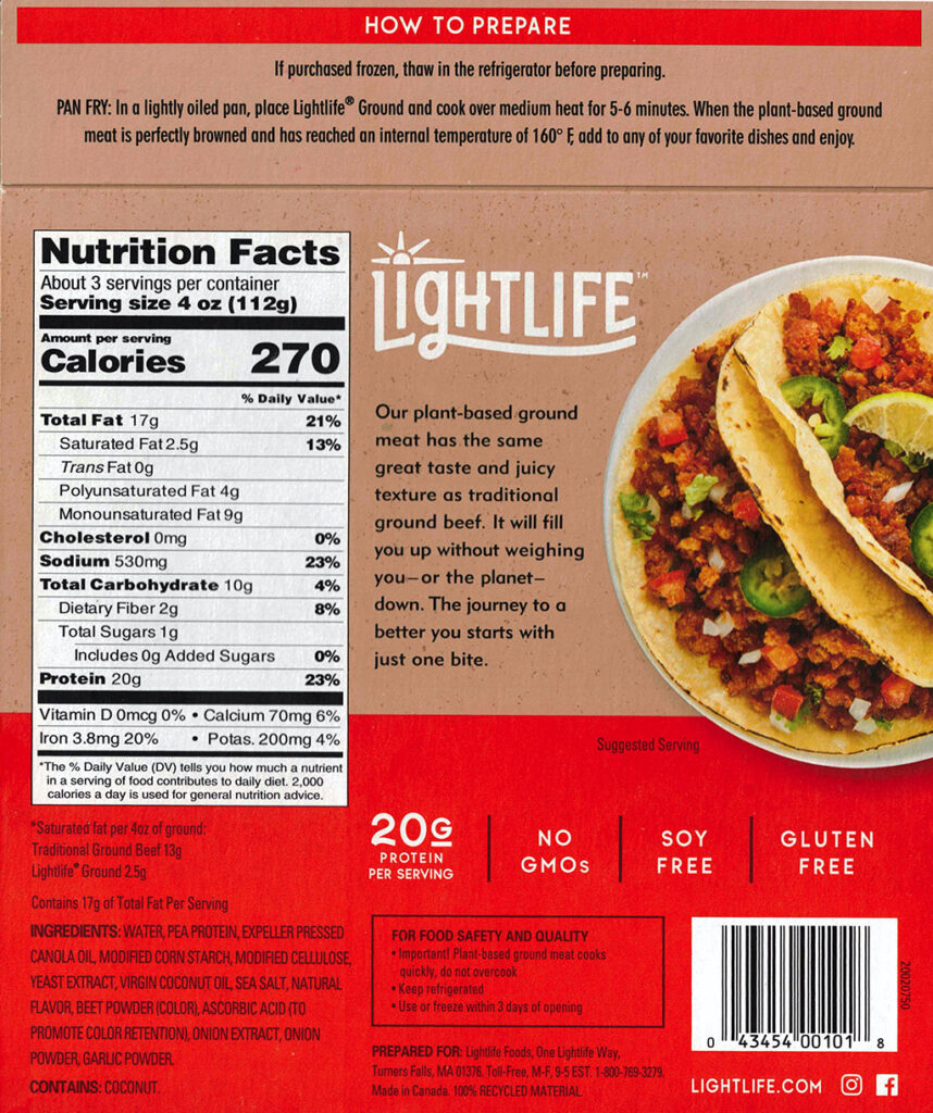 Lightlife Plant Based Ground package nutrition, ingredients