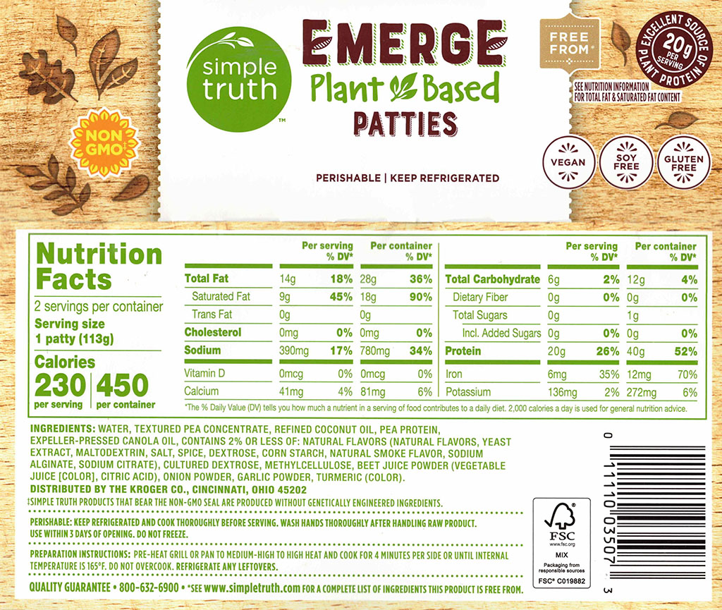 Simple Truth Emerge Plant Based patties ingredients and nutrition