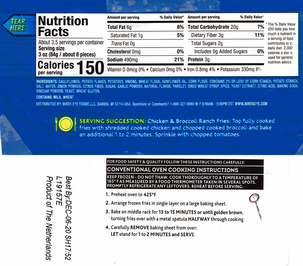 Birds Eye Cauliflower & Ranch Fries ingredients and nutrition