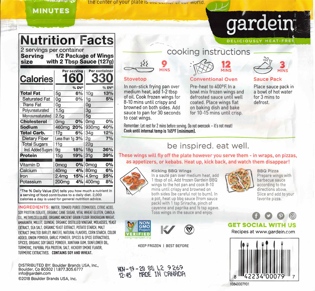 Gardein Sweet And Tangy Barbecue Wings nutrition and ingredients