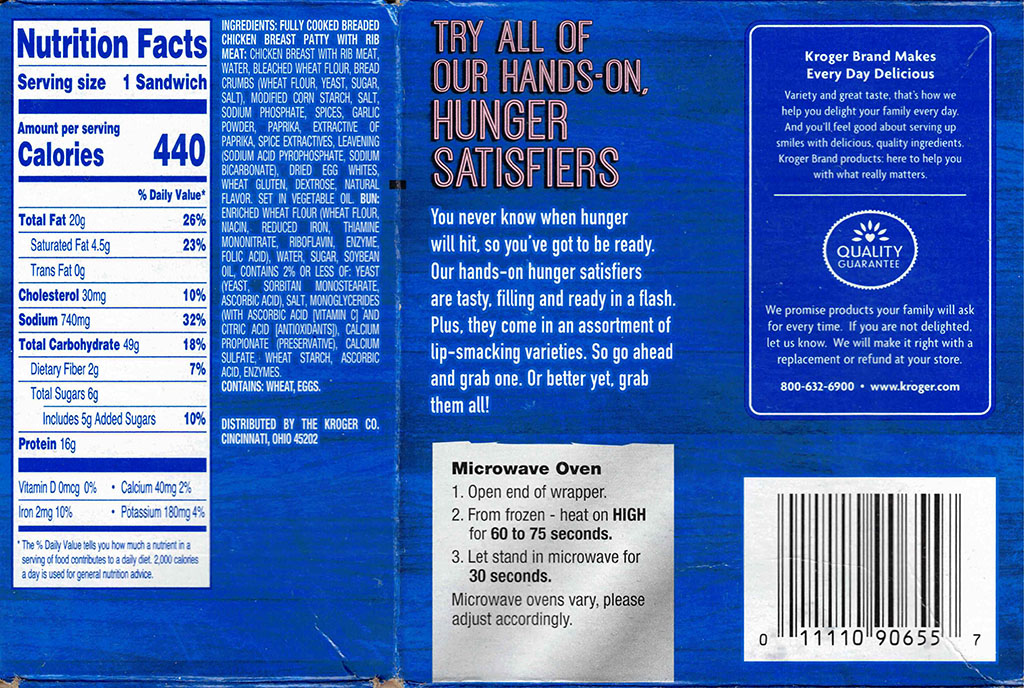 Kroger Microwaveable Chicken Sandwich nutrition, ingredients, cooking