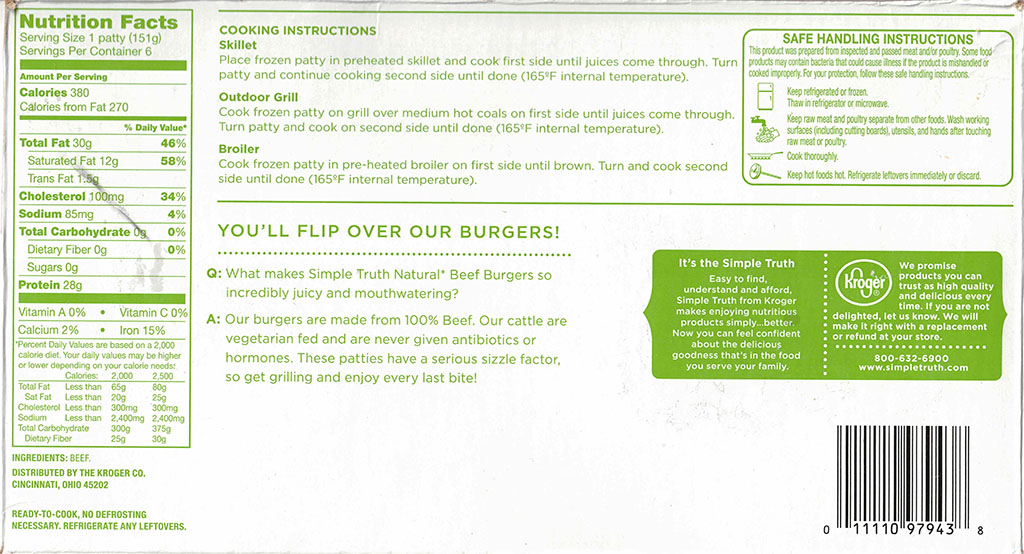 Simple Truth Natural Beef Burgers ingredients and nutrition