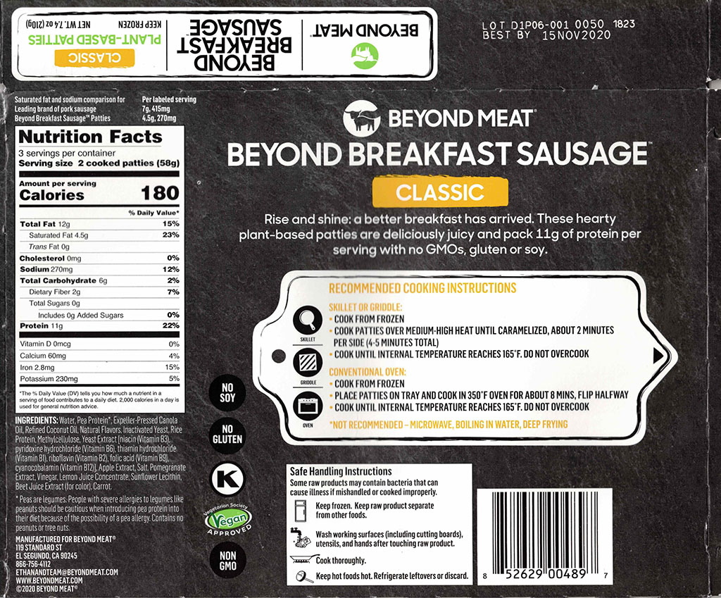 Beyond Breakfast Sausage ingredients and nutrition