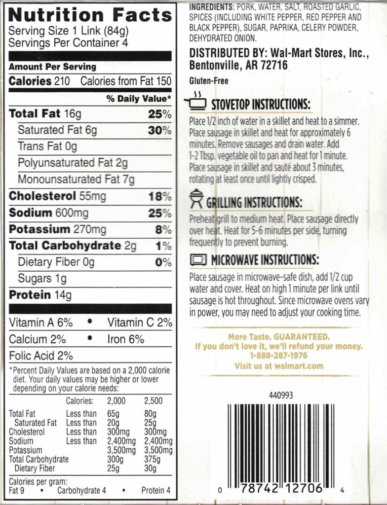 Sam's Choice Cajun Style Andouille Smoked Sausage nutriotion ingredients