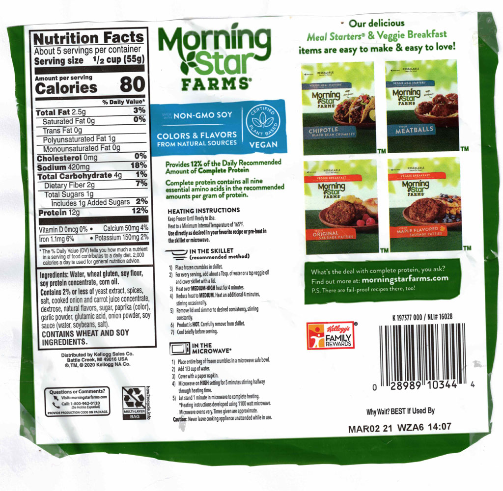 MorningStar Farms Italian Sausage Style Crumbles nutrition and packaging