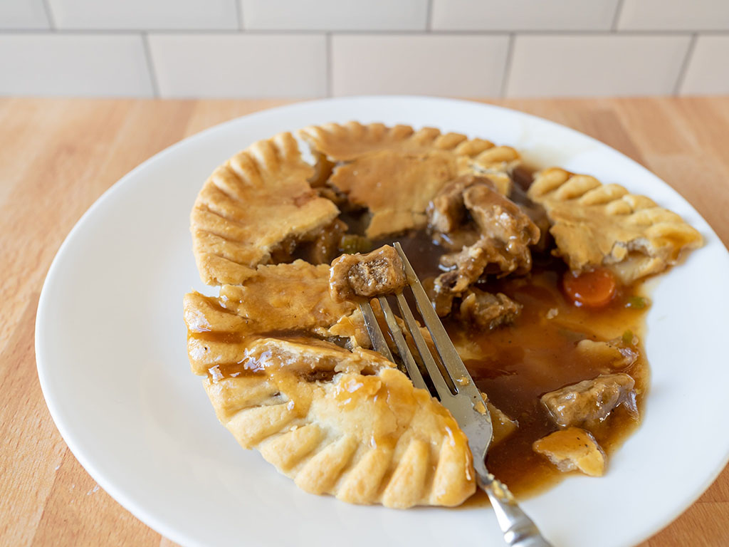 Marie Callender's Meatless Gardein Be'f Pot Pie beef close up