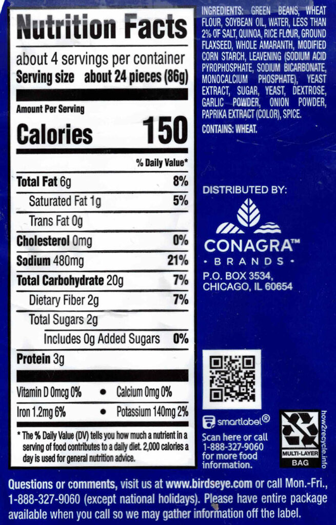 green beans nutrition label