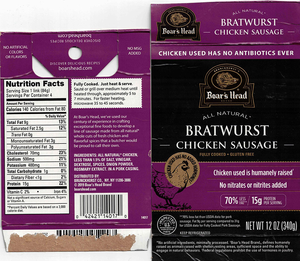 Boar's Head Chicken Bratwurst nutriotion and cooking