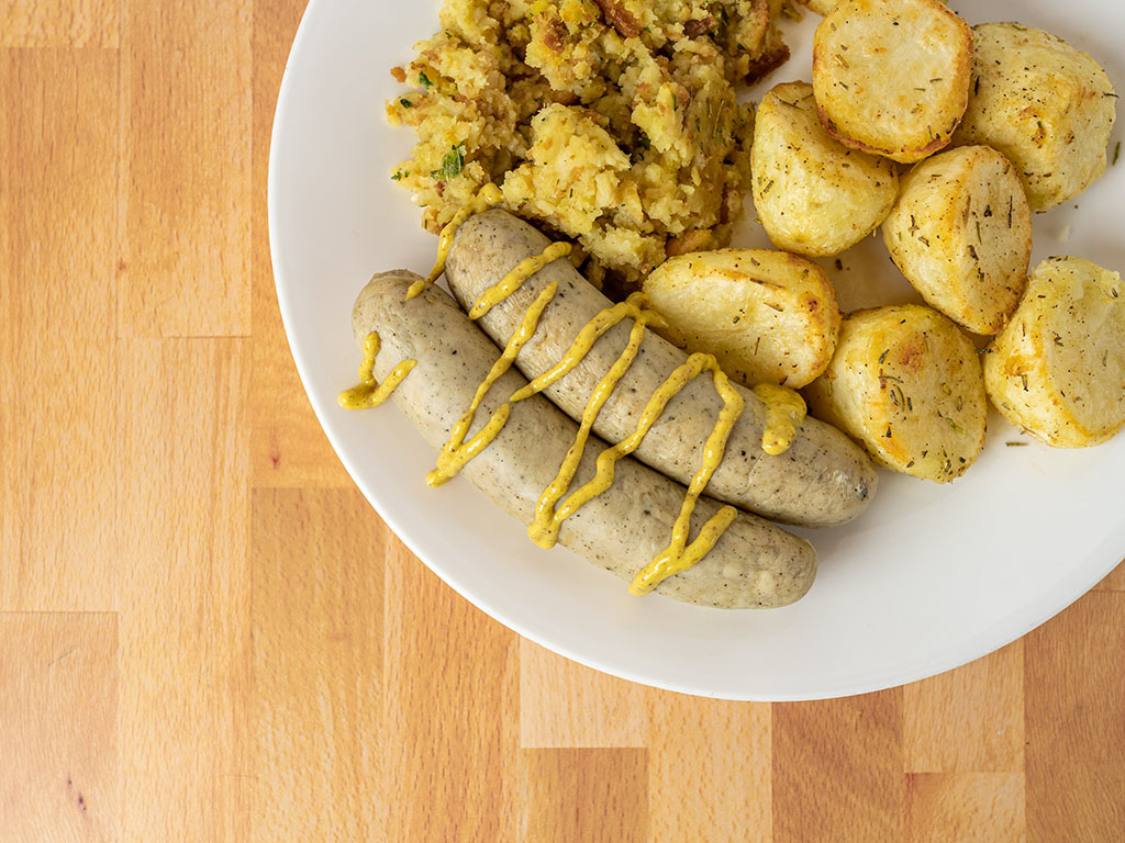 Boar's Head Chicken Bratwurst with potatoes and stuffing