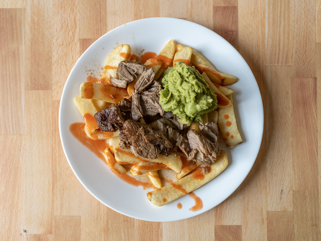 Ore-Ida Golden Steak Fries with  Kroger carnitas and guac