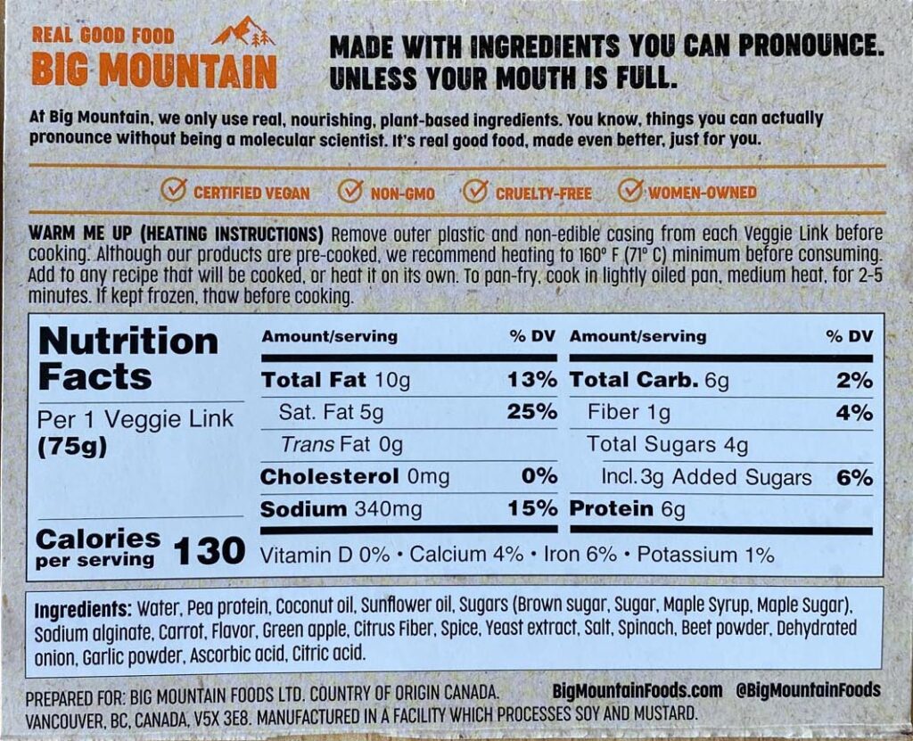 Big Mountain Super-Food Brekkie Links ingredients and nutrition