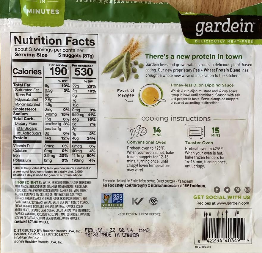 Gardein Crispy Golden Chick'n Nuggets ingredients and nutrition