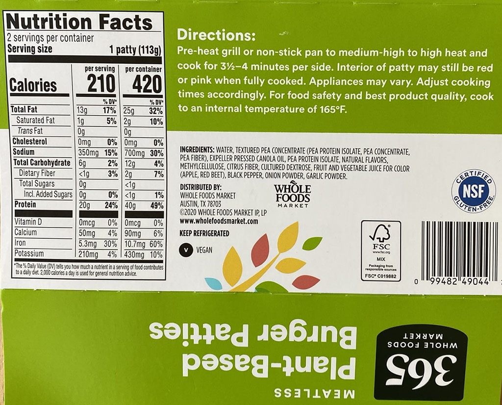 365 Plant-Based Burger Patties nutrition and ingredients