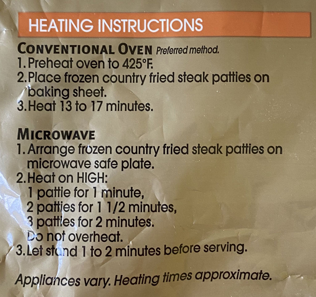 Tyson Country Fried Steak cooking instructions