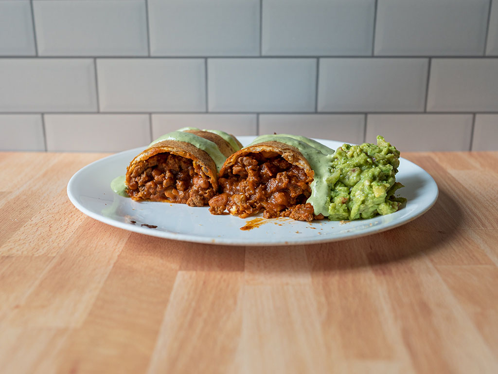 Beef and bean chimichanga with Schweid And Sons Butcher’s burger