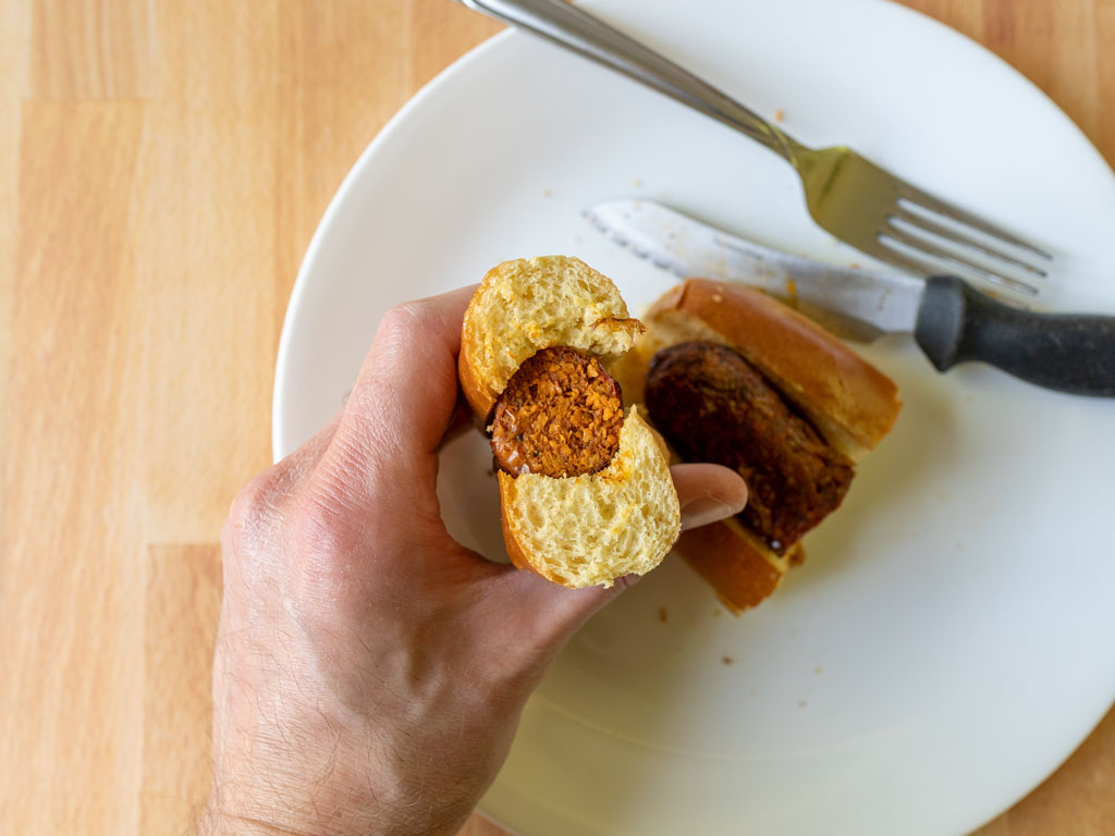 Sweet Earth Chorizo-Style Sausage air fried interior close up