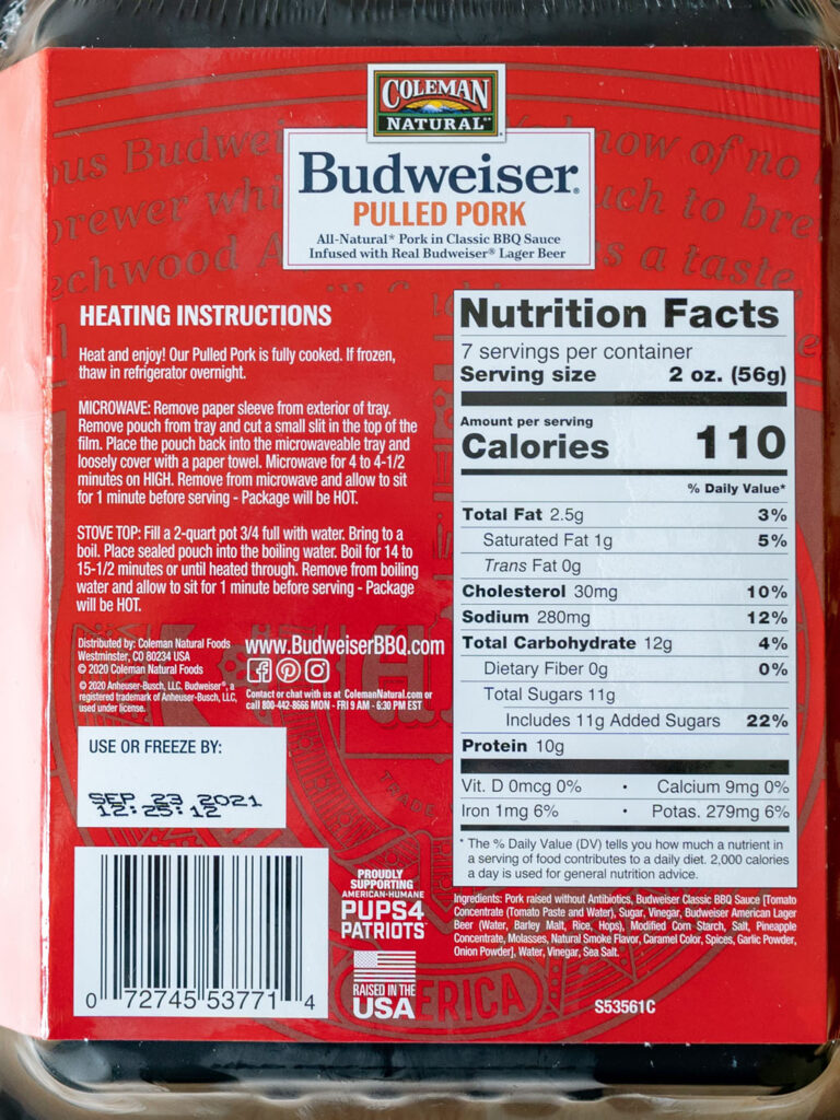 Coleman Natural Budweiser Pulled Pork nutrition and ingredients