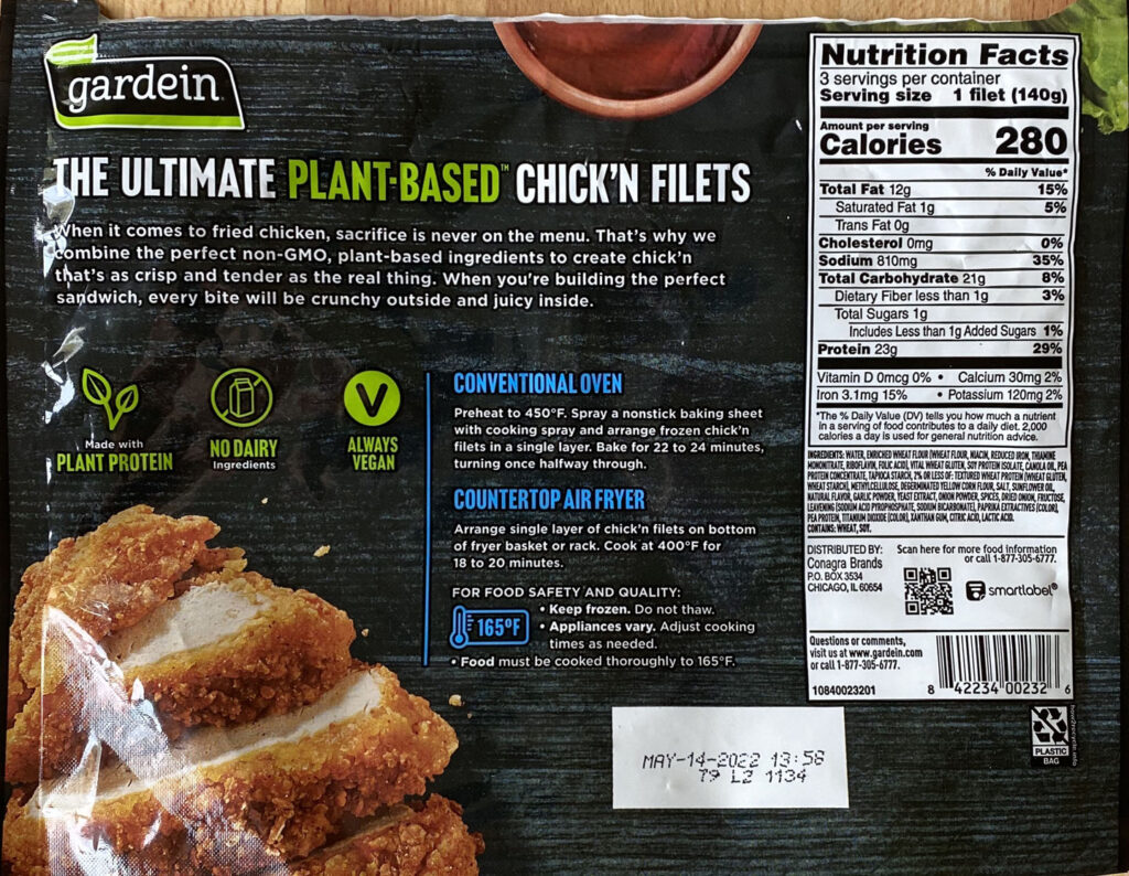 Gardein Ultimate Plant-Based Chick'N Filet nutrition and cooking