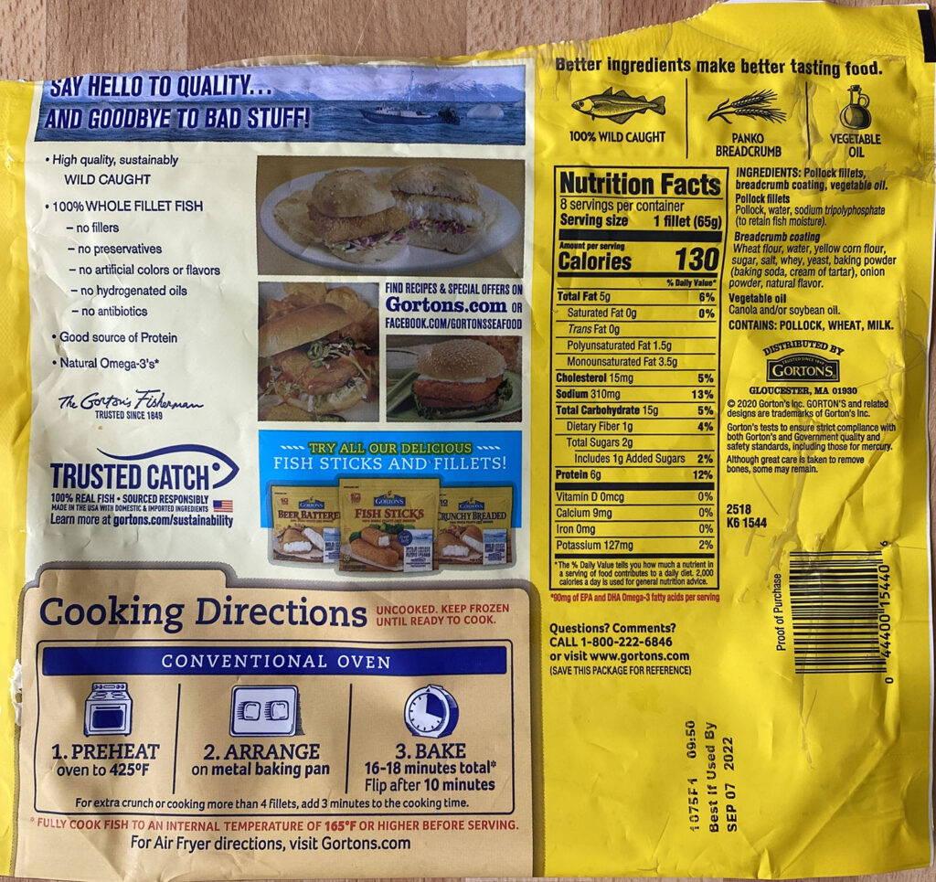 Gorton's Fish Sandwich cooking and nutrition