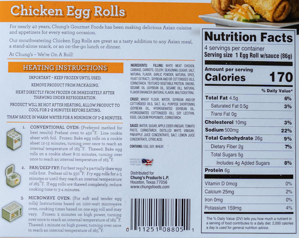 Chung's Chicken Egg Rolls nutrition and cooking