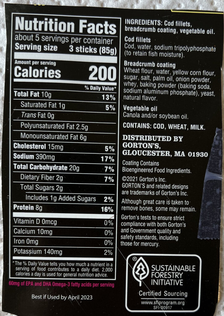 Gorton’s Cod Fish Sticks nutrition