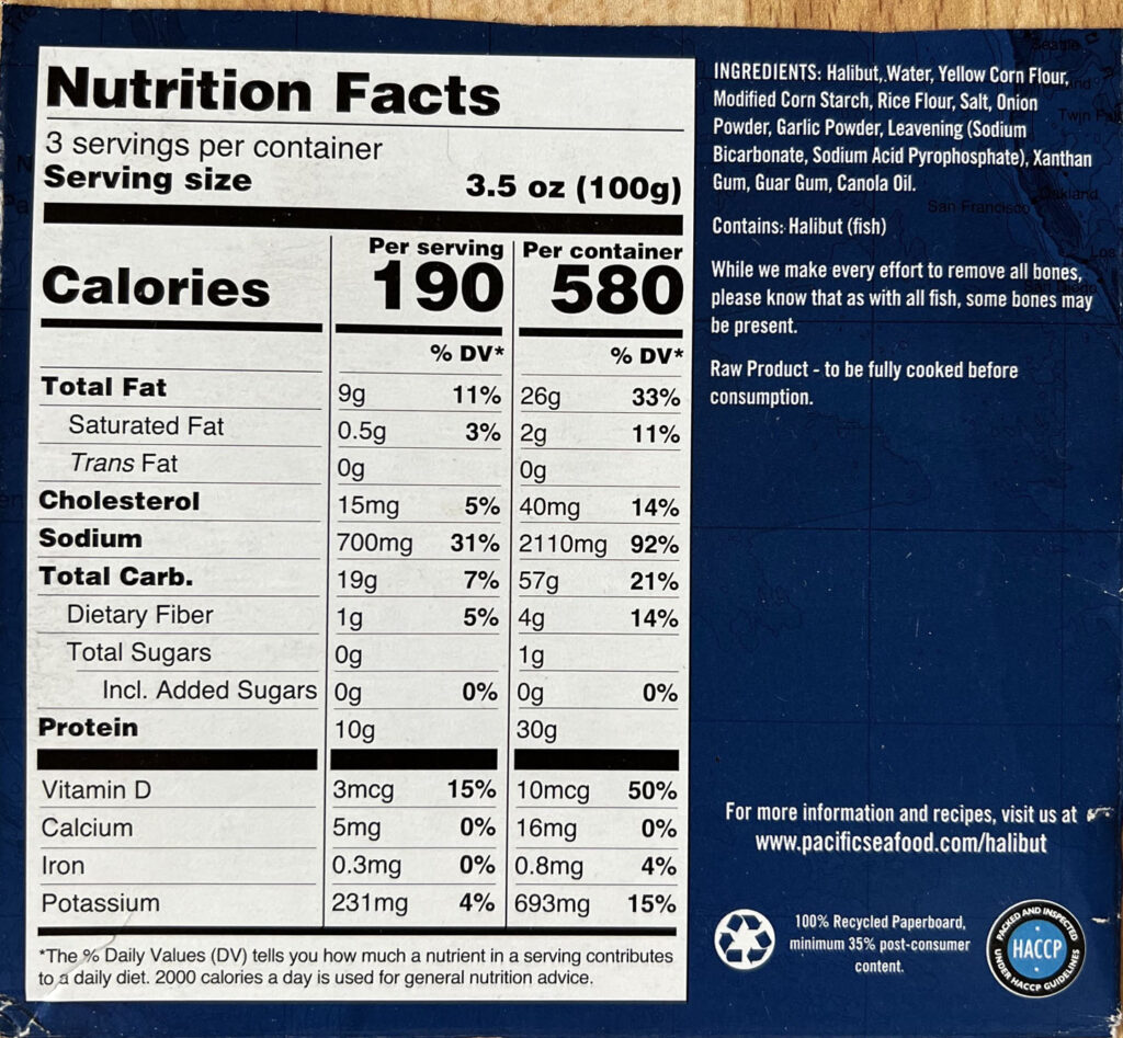 Pacific Crispy Battered Halibut nutrition