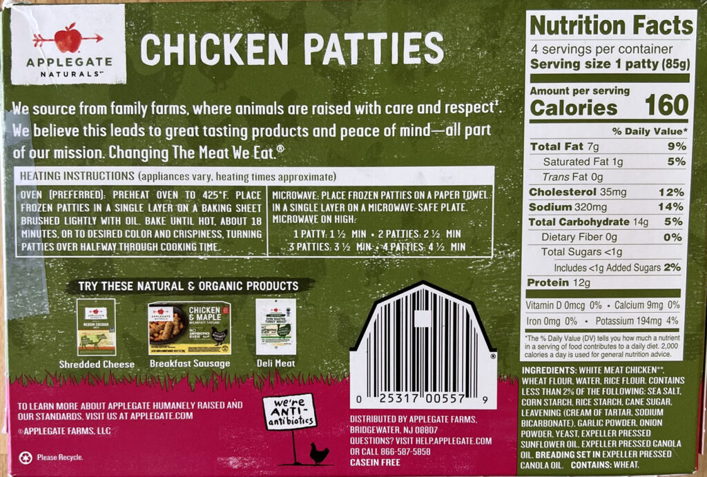 Applegate Naturals Chicken Burgers nutrition and cooking