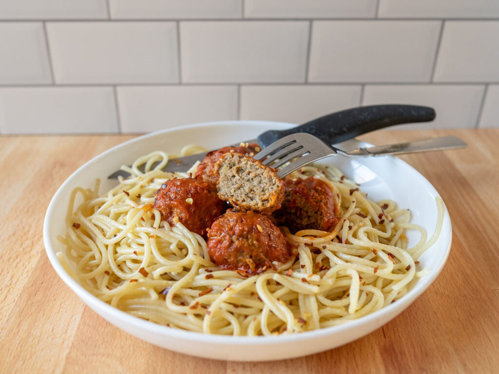 Impossible Meatballs with spaghetti interior