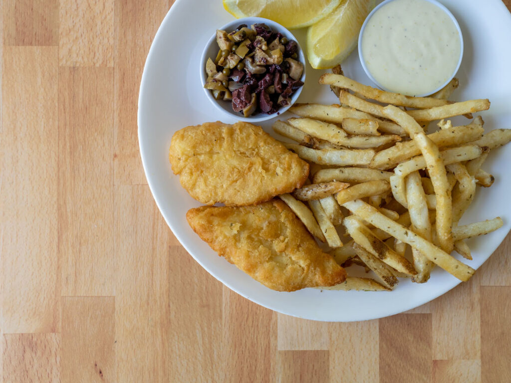 Starfish Crispy Battered Halibut with Alexia rosemary fries, close up