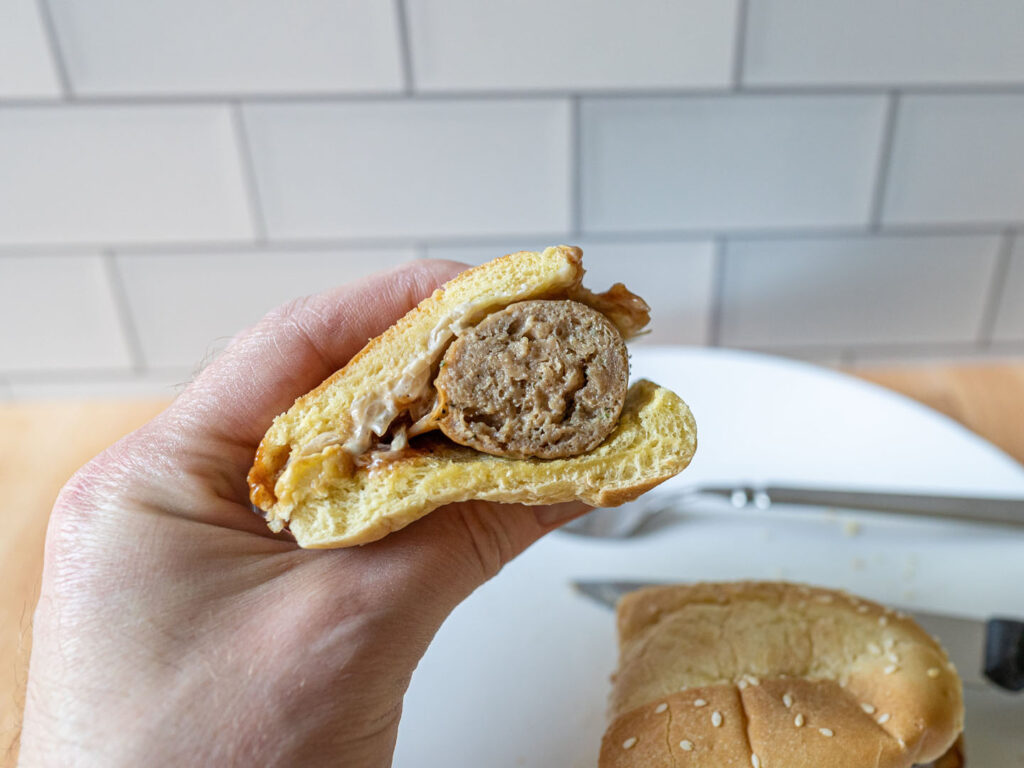 Impossible Foods Bratwurst Sausage cooked interior