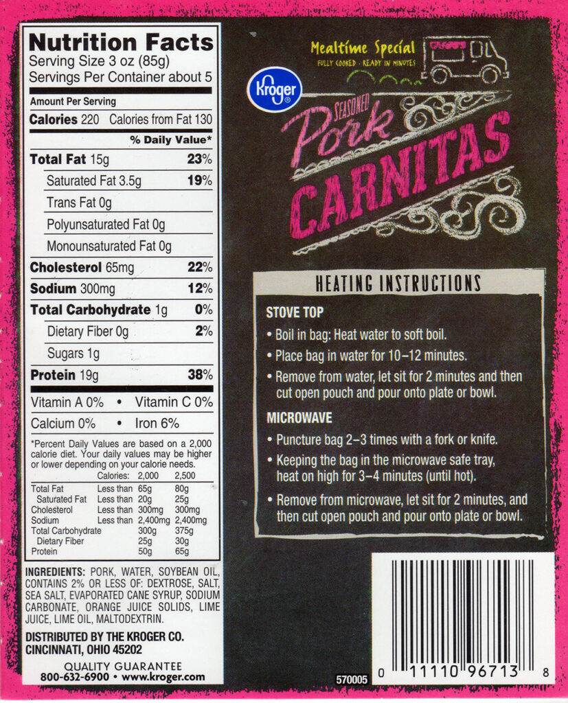 Kroger Pork Carnitas package back