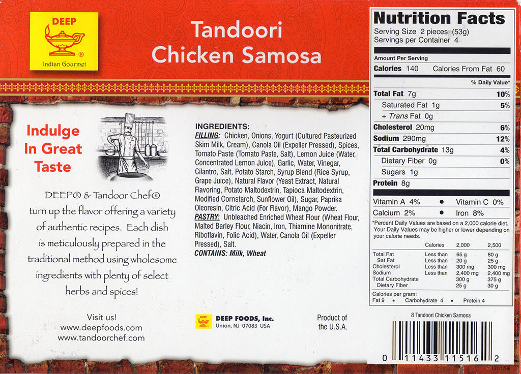 Tandoor Chef Tandoori Chicken Samosa nutrition and ingredients