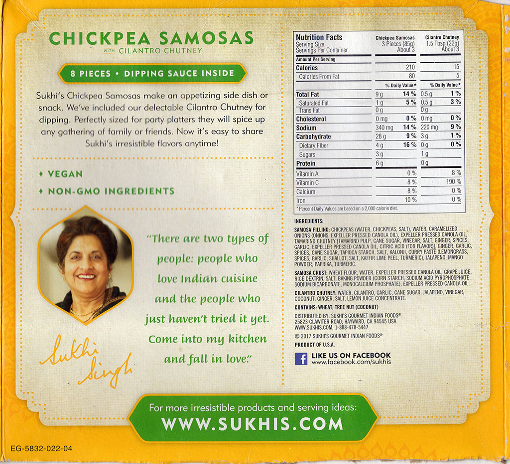 Sukhi's Chickpea Samosas ingredients and nutrition