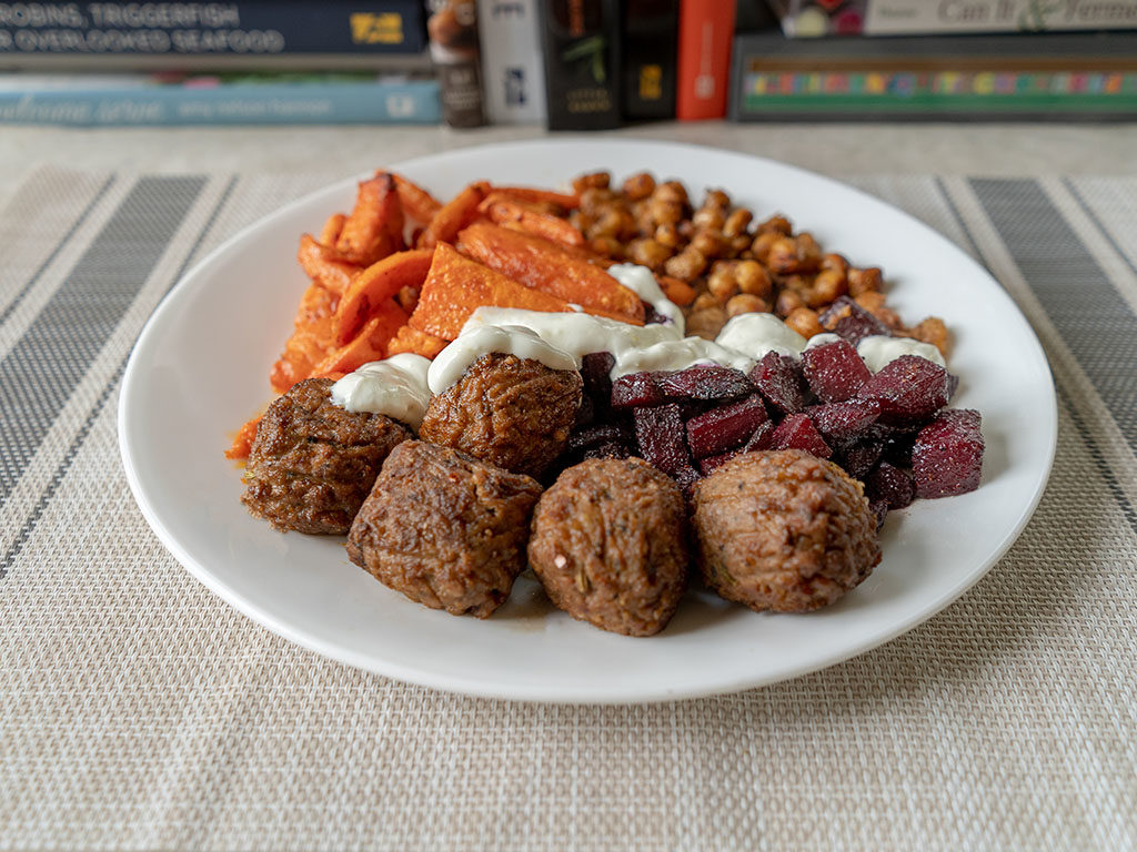 Gardein meatballs with Middle Eastern veggies and lemon yogurt sauce