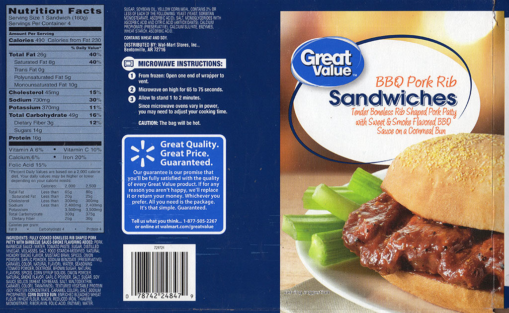 Great Value BBQ Pork Rib Sandwiches cooking instructions, nutrition, ingredients