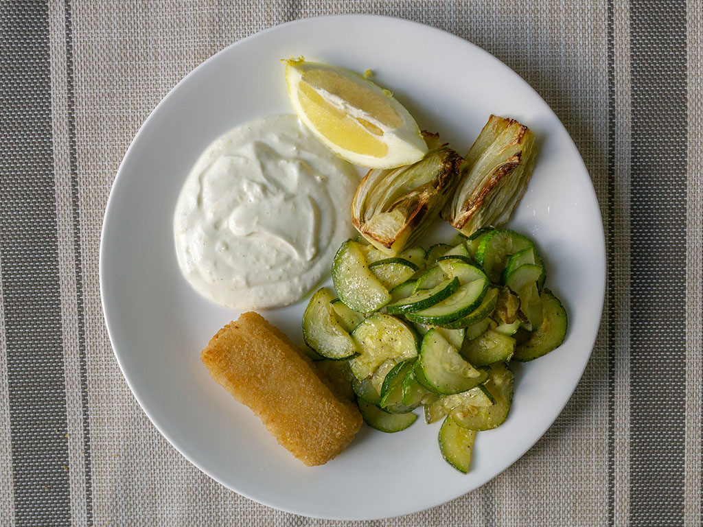 Roast fennel with sauteed squash and lemon yogurt sauce