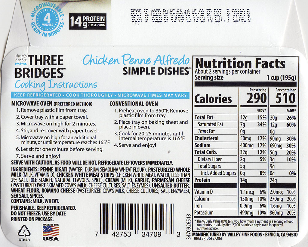 Three Bridges Chicken Penne Alfredo cooking instructions, nutrition, ingredients