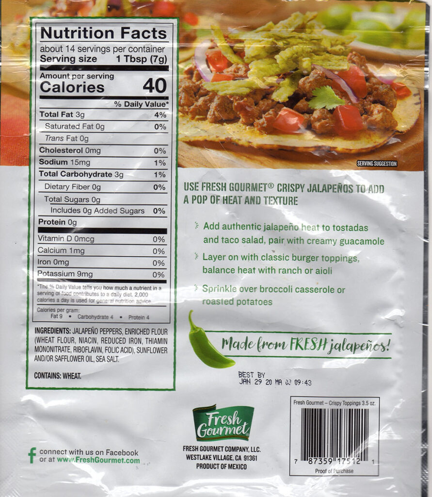 FResh Gourmet Crisp Jalapenos ingredients and nutrition