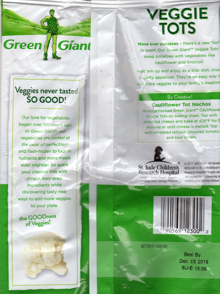 Green Giant cauliflower veggie tots package rear and cooking instructions